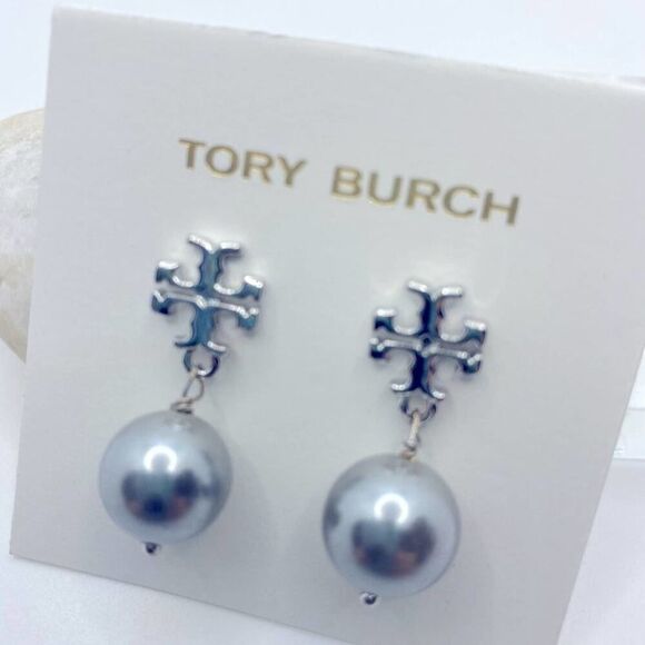 NWOT Tory Burch Silver Logo T Pearl Stud Dangle Earrings - Picture 4 of 6